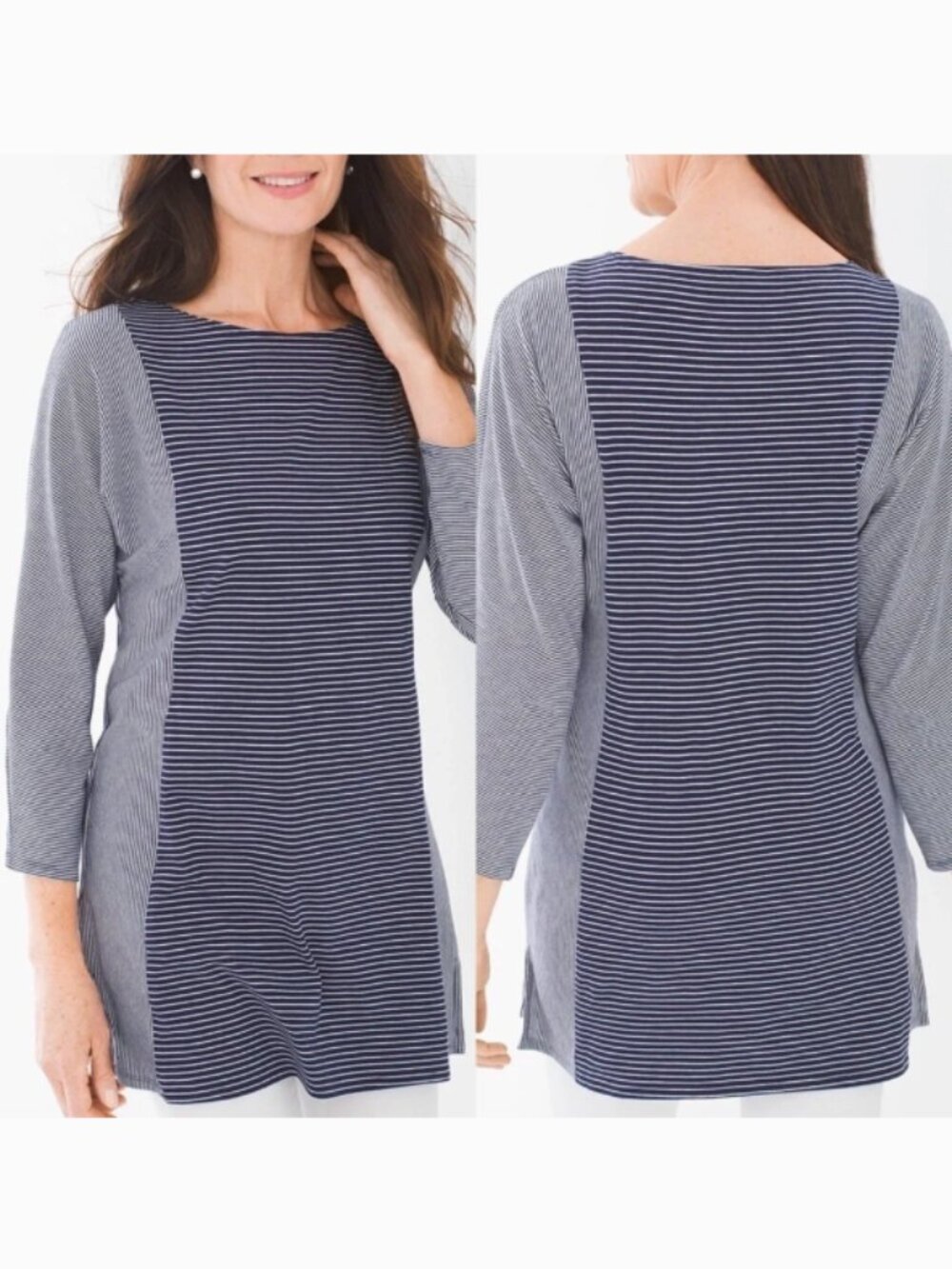 Zenergy Chico’s Lucy‎ Stripe Mix Tunic Top Sz 2 (L/12) Navy & White #89Z